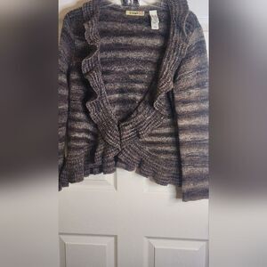 STAMP 10 XL Gray WOOL Blend Lslv 1 Button Knit  Ruffled Striped Women Cardigan